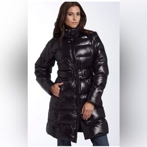 The North Face Caroline Goose Down Coat XS Glossy Black Belted Puffer